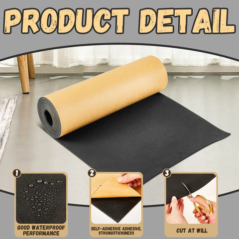 Heavy Duty Closed Cell Foam Roll with Slick Adhesive Tape for Tight Marine Weathersealing and Ultra Thick Draft Blocking Insulation Black 78 by 24 by Half Inch showing adhesive backing and texture.