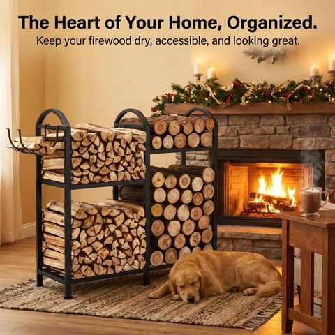 Heavy Duty 31 Inch Firewood Rack With Hooks 2-Tier Log Holder near fireplace, cozy living room, steel construction, wood stored