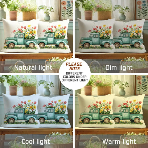 Truck Floral Pillow Covers Set Of 2 In Aqua Blue Velvet For Couch Or Bed in different lighting conditions