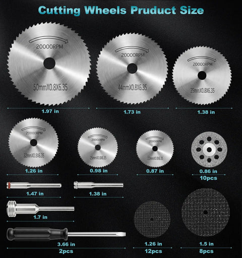 Pro 44Pcs Cutting Wheel Kit For Rotary Tools All In One Set displayed with various sized blades