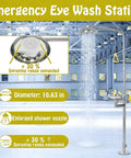 Heavy Duty Combo Emergency Shower Eye Wash Station Standing A Solid Ninety Inches Tall Forged From Premium 304 Stainless Steel in a spacious industrial setting.