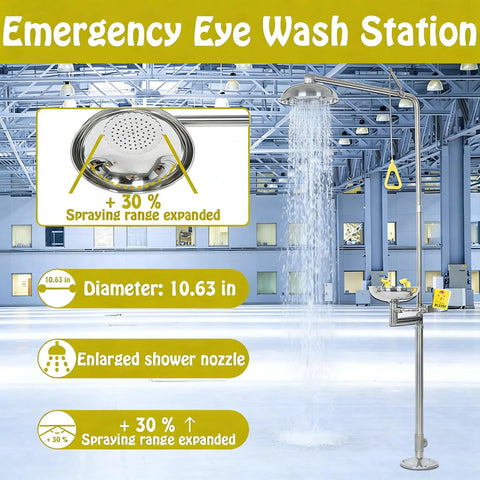 Heavy Duty Combo Emergency Shower Eye Wash Station Standing A Solid Ninety Inches Tall Forged From Premium 304 Stainless Steel in a spacious industrial setting.