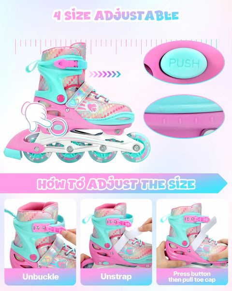 Adjustable Inline Roller Skates For Girls And Women With Size 2 To 7.5 Eight LED Light Up Wheels Protective Gear Set Safe Starter Kit