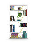 Six Tier White And Yellow Bookcase Storage Shelf With Industrial Display Vibe, space-saving with decor and books arranged on shelves.