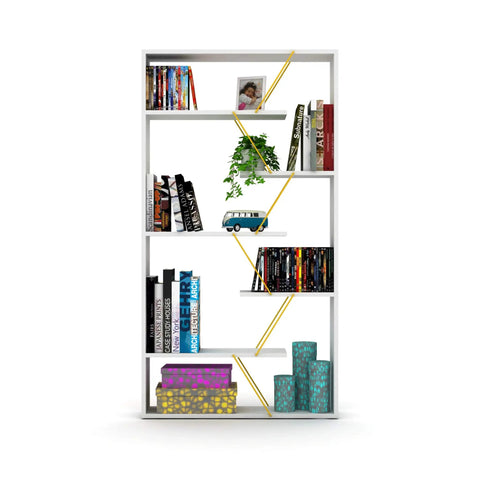 Six Tier White And Yellow Bookcase Storage Shelf With Industrial Display Vibe, space-saving with decor and books arranged on shelves.