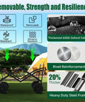 Foldable Wagon Cart With Tailgate And Roof features waterproof Oxford fabric, rivet reinforcement, steel frame, outdoor setting