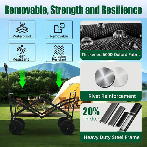 Foldable Wagon Cart With Tailgate And Roof features waterproof Oxford fabric, rivet reinforcement, steel frame, outdoor setting