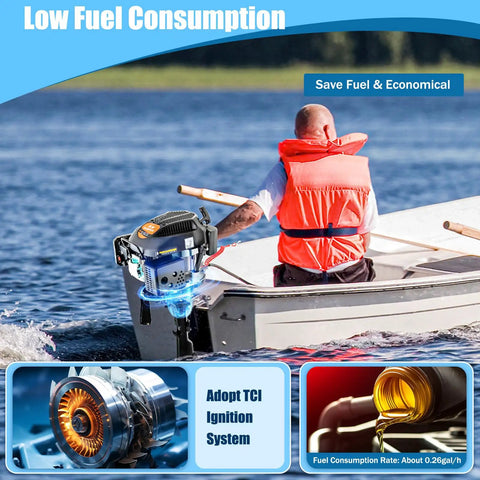 6HP 4-Stroke Outboard Motor For Small Boats, 140cc short shaft with tiller on a motorboat, air-cooled engine operation