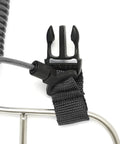 Close-up of Offshore Kayak And Spearfishing Stainless Steel Fish Stringer Clip with 36 Inch Steel Core Lanyard in black.