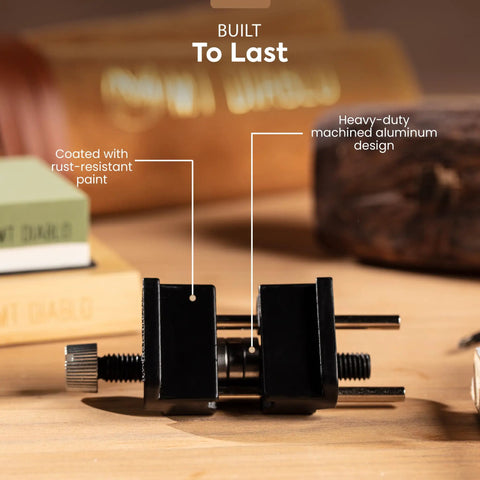 Close-up of chisel sharpening kit with pro grade precision honing guide, rust-resistant cast aluminum design, and steel rollers.