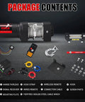 Package contents for 12V 3500LBS ATV UTV Electric Winch With Steel Cable Wireless Remote Roller Fairlead IP67 Waterproof.
