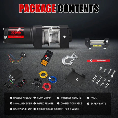 Package contents for 12V 3500LBS ATV UTV Electric Winch With Steel Cable Wireless Remote Roller Fairlead IP67 Waterproof.