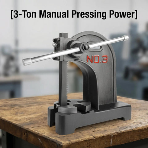 Built Like A Tank 3 Ton Manual Arbor Press With Smooth Pressure Adjustment and 12 Inch Clearance For Benchtop Garage Shop Metal Fabrication Rock Solid Precision Hand Tool on wooden bench.