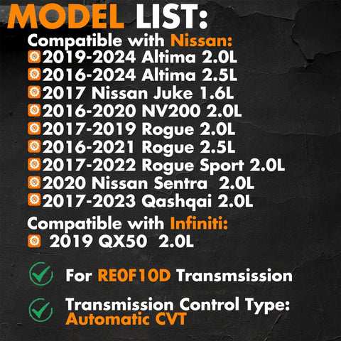 Model compatibility list for CVT Transmission Filter Oil Pan Gasket Kit RE0F10D 31728-28X0A for Nissan and Infiniti models.