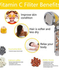 Vitamin C Shower Head Filter With Hose And 3 Replacement Balms showing filter benefits like skin improvement and softer hair.