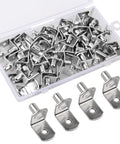 Heavy Duty Nickel Plated Shelf Pins 50 Pack 1/4 Inch L Shaped Cabinet Pegs in clear storage box for home organization.