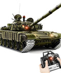 One Sixteenth RC Tank T 72 Soviet Battle Ready Toy With Smoke Sound And Lights shown with remote control for battle mode