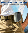 Person wearing Beast Mode Portable Waist And Neck Fan With 14000 RPM Airflow clipped to belt outdoors.