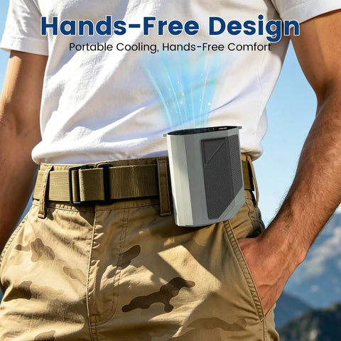 Person wearing Beast Mode Portable Waist And Neck Fan With 14000 RPM Airflow clipped to belt outdoors.
