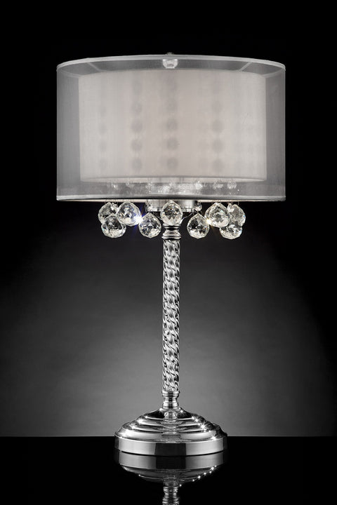 Moiselle Swanky Modern Table Lamp With Chrome Finish, Double Drum Shade In Sheer Off White, Clear Crystal Accents, 17x17x30 Inches