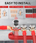 Heavy Duty Power Distribution Bus Bar Pair With Six M10 Studs And Twelve Lugs For Serious Juice Handling In Off Grid Solar Arrays And Ev Conversions Using 12 24 Or 48 Volt Compatibility Plus Rock Solid Copper Build For No Sweat Thermal Control, showing copper lugs, heat shrink tubing, and installation details.