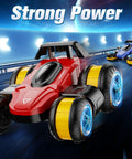 High Speed RC Drift Stunt Car with Upright Driving, Sideways Moves, 360 Spin Tricks in motion, red and yellow finish