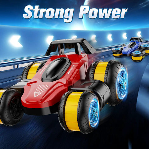 High Speed RC Drift Stunt Car with Upright Driving, Sideways Moves, 360 Spin Tricks in motion, red and yellow finish
