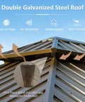 Close-up of the double galvanized steel roof on a 10x12 hardtop gazebo with gutters for year-round outdoor living.