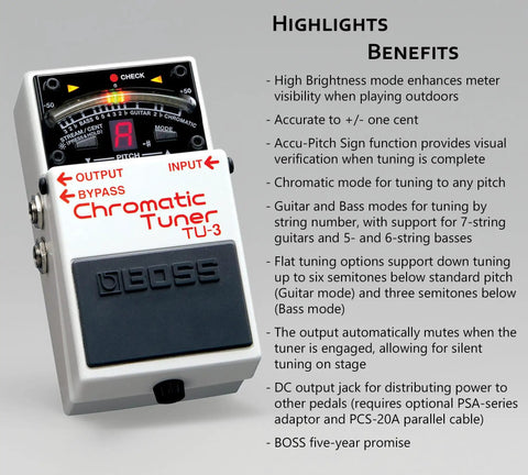 Chromatic Tuner Pedal Bundle With High Brightness LED Meter Accu Pitch Sign Guitar And Bass Modes showing features