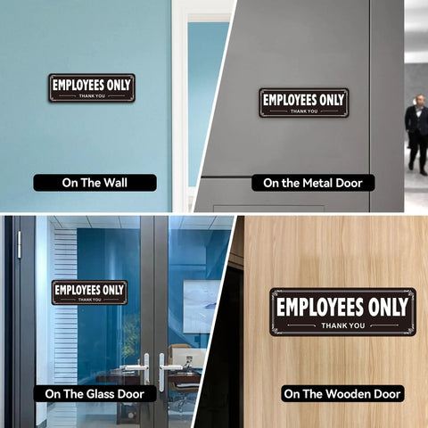 4 Pack Employees Only Signs For Doors And Gates, Heavy Duty Aluminum, Weatherproof Self Adhesive No Entry Signs For Office, Warehouse And Restricted Areas, 9x3 Inches Black displayed on walls and doors