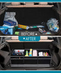 Trunk Organizer With Cooler For Cars, Collapsible Trunk Storage Container With Non Slip Bottom Strips, Large Multi Compartment Waterproof Car Trunk Organizer For Groceries, Tools, Emergency Gear In Sedans, SUVs, Trucks, Vans On Road Trips in use in a vehicle trunk