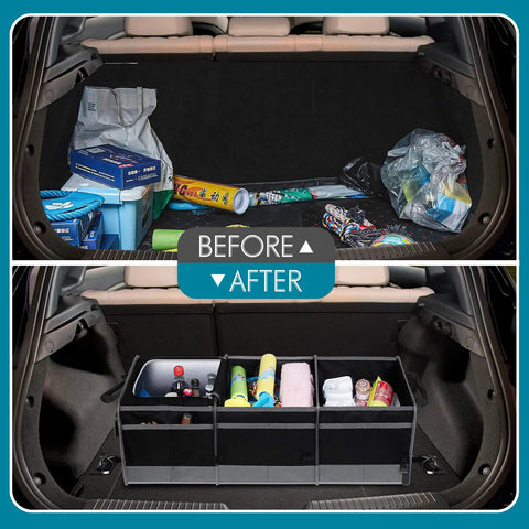 Trunk Organizer With Cooler For Cars, Collapsible Trunk Storage Container With Non Slip Bottom Strips, Large Multi Compartment Waterproof Car Trunk Organizer For Groceries, Tools, Emergency Gear In Sedans, SUVs, Trucks, Vans On Road Trips in use in a vehicle trunk