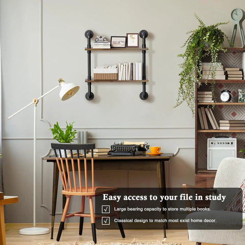 Heavy Duty Double Tier Industrial Pipe Wall Shelves With Genuine Rustic Wood storing books and decor above a desk in a study.