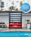 36 Drawer Craft Organizer Bin Heavy Duty Metal Hardware Storage For Nails Nuts Bolts Legos And Small Parts Versatile Parts Bin Organizer With Mini And Large Drawers For Home Workshop Garage on a workbench in a garage.