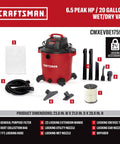 Professional 20 Gallon Wet Dry Shop Vacuum With Six Point Five Peak Horsepower Delivers Badass Cleanup For Gnarly Sawdust Sticky Fluids And Nasty Debris Across Garages And Construction Sites With Built In Rear Blower Port For Effortless Leaf Blast Off, featuring dust collection bag and various accessories.
