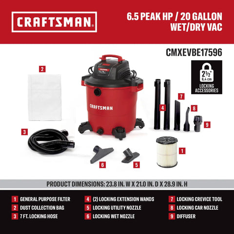 Professional 20 Gallon Wet Dry Shop Vacuum With Six Point Five Peak Horsepower Delivers Badass Cleanup For Gnarly Sawdust Sticky Fluids And Nasty Debris Across Garages And Construction Sites With Built In Rear Blower Port For Effortless Leaf Blast Off, featuring dust collection bag and various accessories.