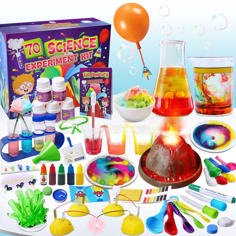 Kids Science Lab Kit With Seventy Plus Experiments A Fun Kid Friendly Chemistry Set featuring volcano and fruit circuits.