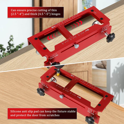 Door Hinge Jig Pro Grade Aluminum Alloy Mortiser Kit shown in side view during door hinge installation.