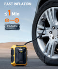 12V DC Portable Tire Inflator With LED Light And Digital Gauge connected to car wheel, fast inflation under 1 minute