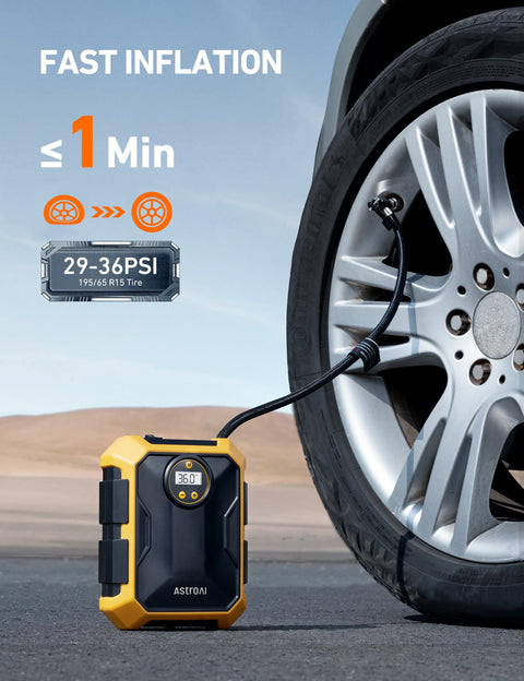 12V DC Portable Tire Inflator With LED Light And Digital Gauge connected to car wheel, fast inflation under 1 minute