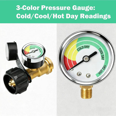 Propane Tank Gauge With QCC1 Type 1 Connection Solid Brass Weatherproof Gas Pressure Meter with three-color level indicator.