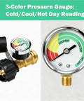 Propane Tank Gauge Gas Pressure Meter with QCC1 Type 1 Connection, Solid Brass, showing 3-color pressure levels for easy reading