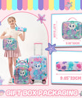 Colorful kids travel luggage set with suitcase, backpack, and bag featuring cartoon design for girls' travel and adventure.