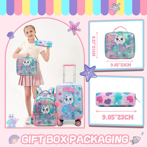 Colorful kids travel luggage set with suitcase, backpack, and bag featuring cartoon design for girls' travel and adventure.