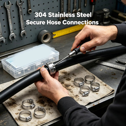 Heavy Duty 40 Pcs Hose Clamp Set Includes Premium 304 Stainless Steel Worm Gear Clamps For Intercooler Plumbing Fuel Lines And Tubes In Sizes From 1/4 Inch To 1-1/8 Inch For Super Durable Sealing Solutions. 304 stainless steel hose clamp on black hose in workshop