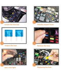 Step-by-step guide for 120 Piece Blade Fuse Kit For Cars Trucks Boats And RVs with color-coded housings and amp ratings, showing usage process.