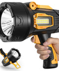 Person holding Rechargeable Spotlight 2,000,000 Lumens LED Flashlight Handheld with Cob Light, close-up view.