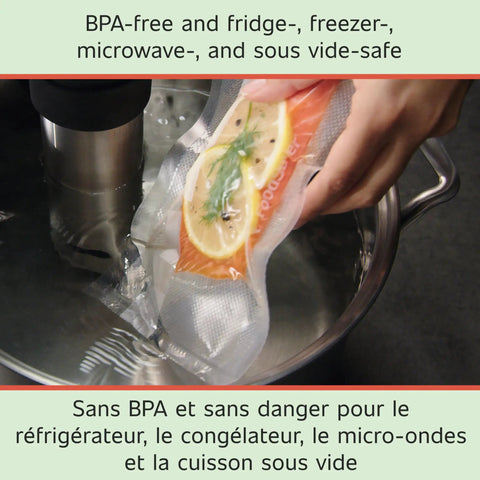 Close-up of 11 Inch By 16 Foot Vacuum Seal Rolls Two Pack BPA Free Multilayer for steaming food in sous vide pot