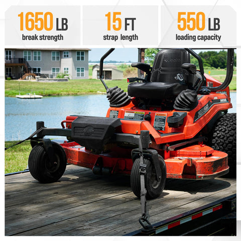 Beefy Heavy Duty Ratchet Strap Set 1650 Lb Break Strength securing lawn mower on trailer with S hooks and soft loops