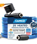 Camco 25' heated drinking water hose for RV; blue coiled hose with thermostat and end adapters, -20°F freeze protection.